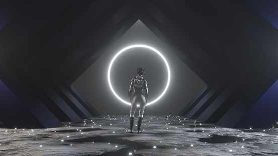 3D Rendering. Woman standing in front of a big portal to another dimension, against a glowing universe of energy. Space Travel Man Inside Dark Corridor. A science fiction, mystical concept