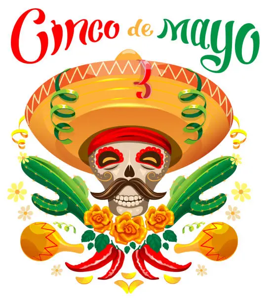 Vector illustration of Cinco de mayo mexican holiday template greeting card. Lettering text and skull in sombrero