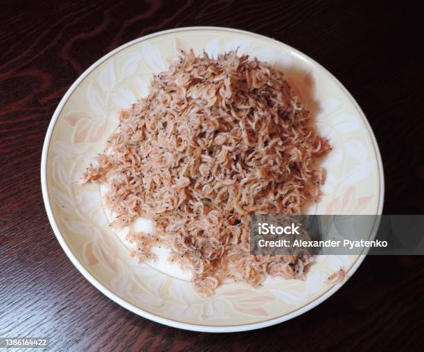 Japan Plate With Tiny Dried Shrimps Stock Photo - Download Image Now - Art, Backgrounds, Close-up