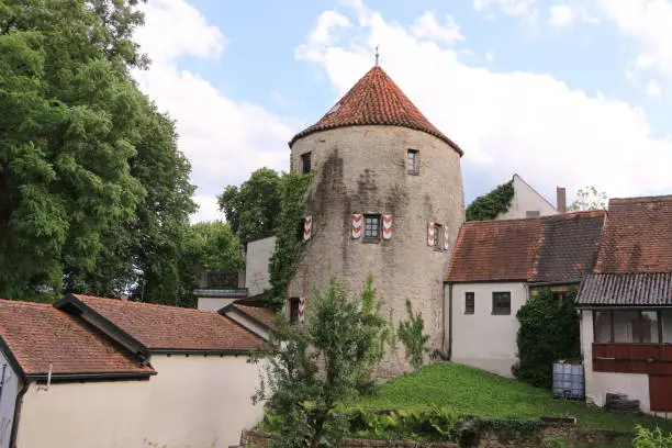 Juli 06,2021, Neustadt an der Donau: Historical tower in the center of the city of Neustadt an der Donau in Bavaria