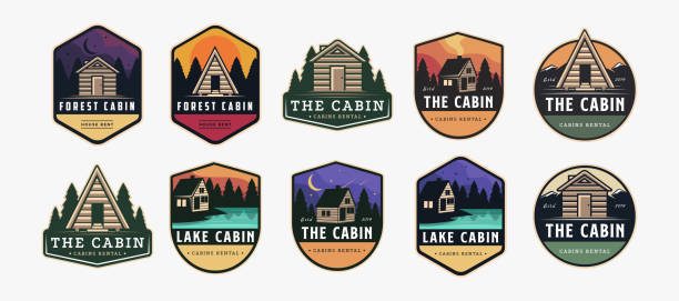 set von vintage moderne outdoor-emblem-patch-kabine in natur logo icon vektor, cottage hütte hütte logo vorlage auf dunklem hintergrund - cabin log cabin log house stock-grafiken, -clipart, -cartoons und -symbole