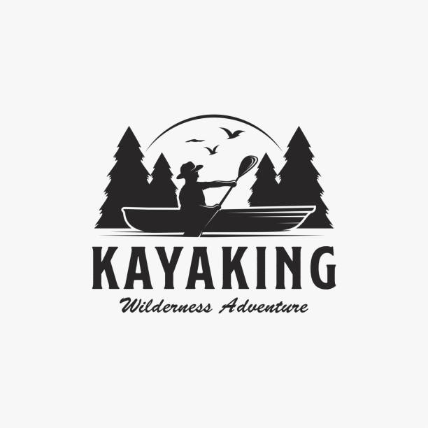 ilustrações de stock, clip art, desenhos animados e ícones de outdoor adventure kayaking logo vector logo on white background - silhouette kayaking kayak action