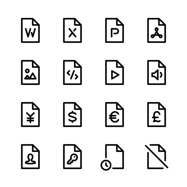 다양한 파일에 대한 아이콘 집합; 사무실 문서, 이미지, 비디오, 오디오, 코드 및 기타 미디어 유형, 통화, 사용자, 주요 파일 및 기록 - personal data audio stock illustrations