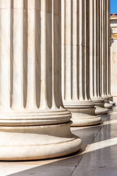 istock Classical Pillar white marble. Ancient Greek column row, architecture detail. close up 1386166371