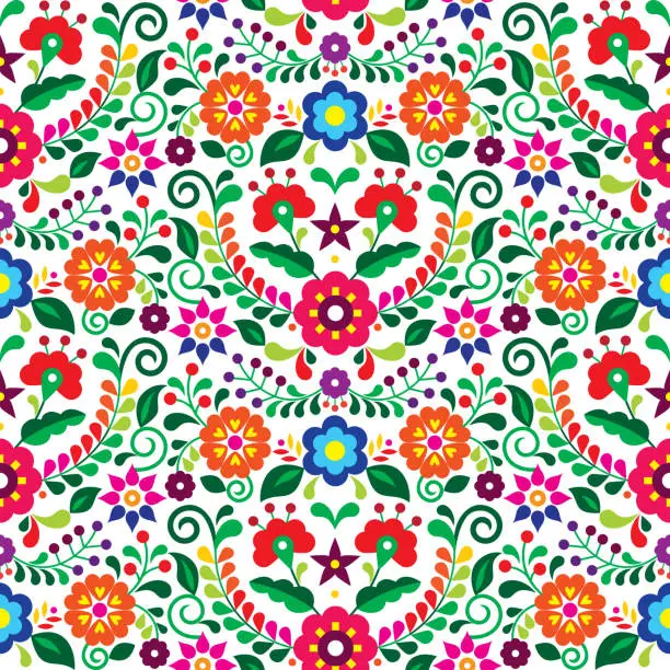 Vector illustration of Mexican folk art vector seamless pattern with flowers, textile or fabric print design inspired by traditional embroidery ornaments from Mexico