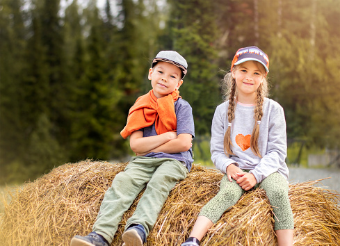 two children sit on a haystack in the forest close up