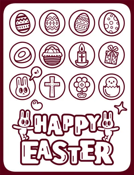 Vector illustration of Happy Easter handwriting text and icon set
with cute bunnies and Easter Eggs