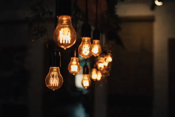 Photo of Lamp bulbs hanging on a dark background.