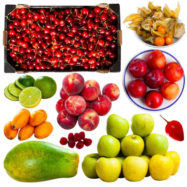 Photo of Collage with fruits on white background