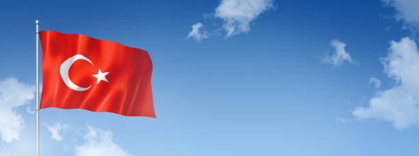 istock Turkish flag isolated on a blue sky. Horizontal banner 1386173696