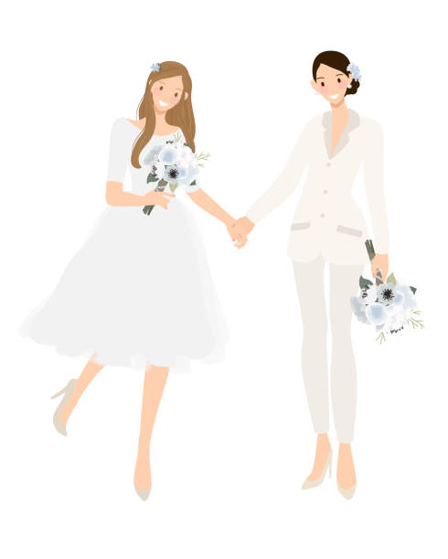 ilustraciones, imágenes clip art, dibujos animados e iconos de stock de pareja de novios lesbianas con pantalones de traje blanco y vestido de novia tomándose de la mano diseño de invitación - moth orchid