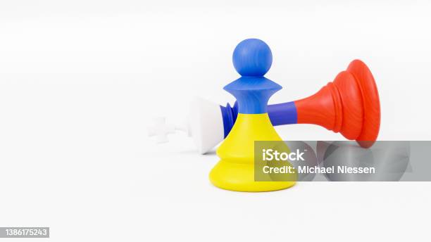 Ukraine And Russia Chess Pieces Pawn And King With Flag 3d Render Stock Photo - Download Image Now