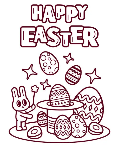Vector illustration of Happy Easter bunny waving a magic wand and pulling lots of Easter Eggs out of the hat