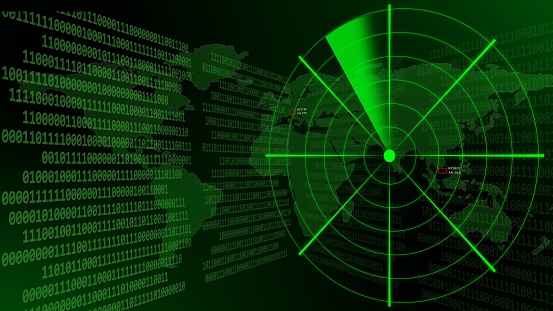 Green radar with a world map behind lines of binary code - 3D Illustration