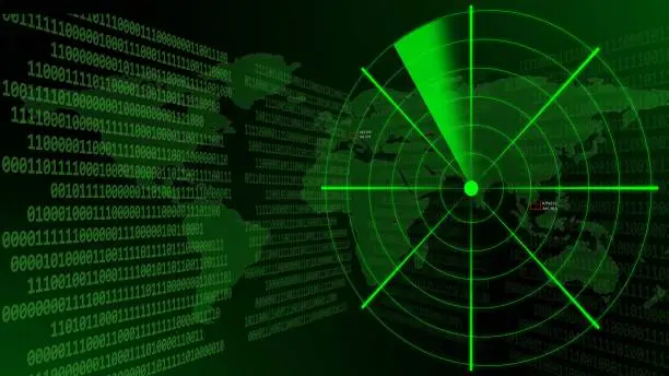 Green radar with a world map behind lines of binary code - 3D Illustration