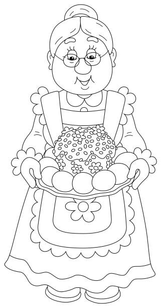 illustrazioni stock, clip art, cartoni animati e icone di tendenza di nonna felice con una torta di pasqua fantasia - smiling human settlement traditional culture man made object