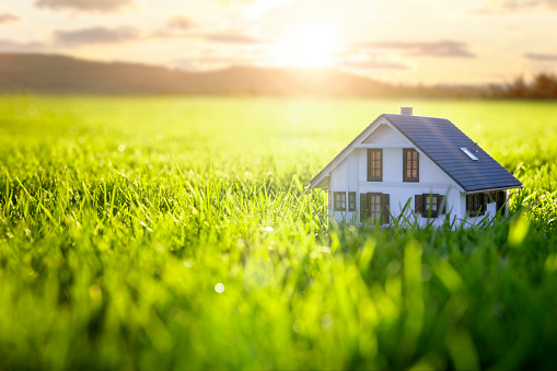 Model detatched house in empty green grass field at sunset background concept for construction and real estate