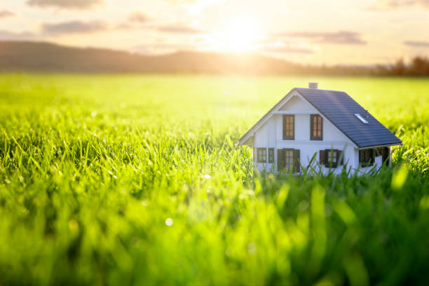 Model detatched house in empty field at sunset background concept for construction and real estate Model detatched house in empty green grass field at sunset background concept for construction and real estate land planning stock pictures, royalty-free photos & images