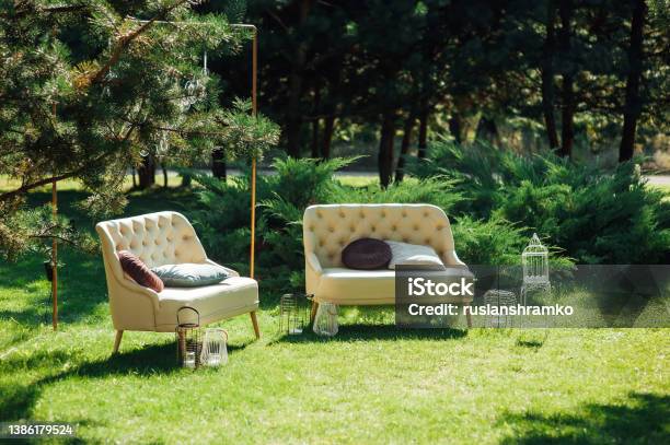 Cozy Sofas For Relaxing In The Garden Near The House On The Grass Relax And Rest Stock Photo - Download Image Now