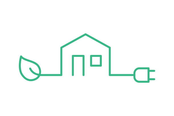 ilustrações de stock, clip art, desenhos animados e ícones de eco house line icon. green leaf and a plug. energy efficient home. - power line electricity construction fuel and power generation