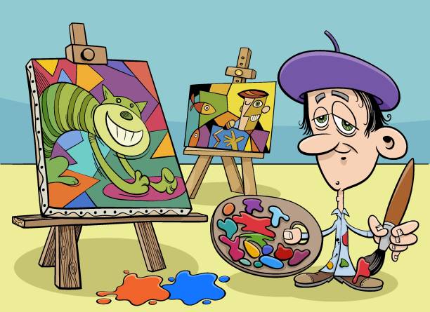 художник-мультипликатор персонаж в своей мастерской - vector illustration and painting men caricature stock illustrations