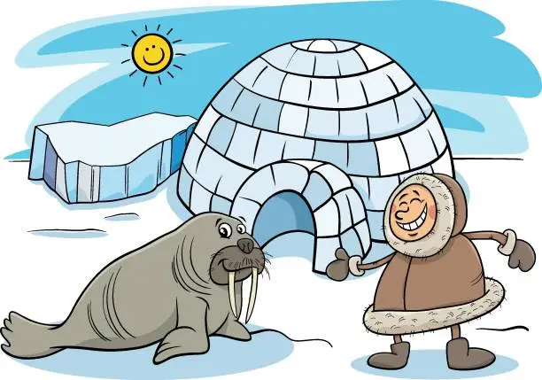 Vector illustration of cartoon Inuit or Lapp with igloo and walrus