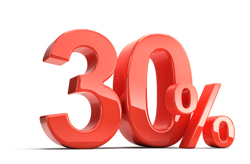 Thirty 30 perecent. Glossy red thirty percent sign isolated on white. Percentage, sale, discount concept. 3d rendering