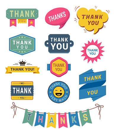 Collection multicolored thank you signs isometric vector illustration. Set greeting gratitude symbols labels decorative design flag garland, speech bubble, quick tips, badge, congrats insignia ribbon