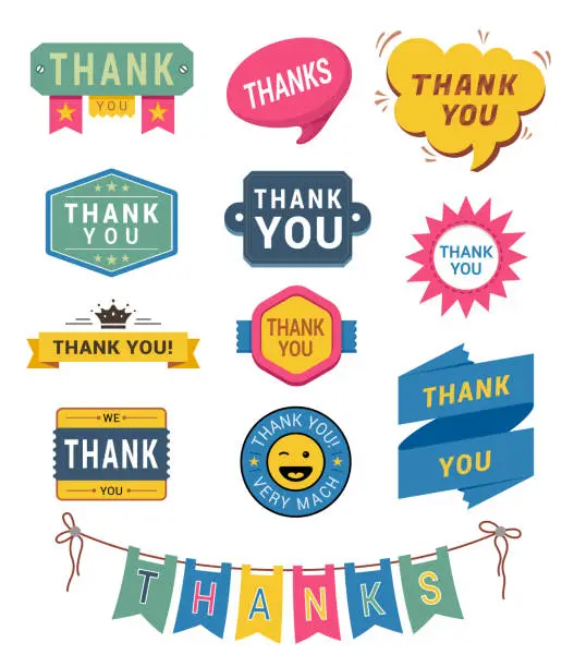 Vector illustration of Collection multicolored thank you signs isometric vector greeting gratitude symbols labels