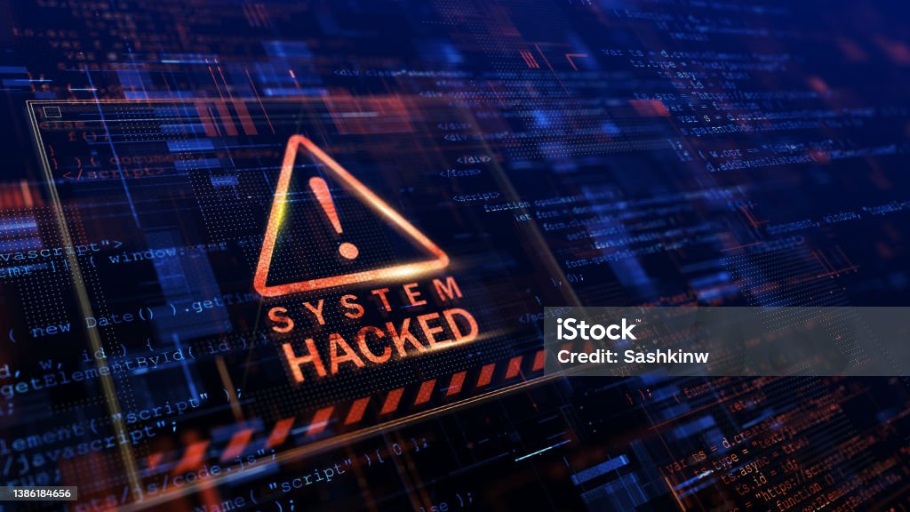 Warning of a system hacked. Virus, cyber attack, malware concept. 3d rendering. Ransomware Stock Photo