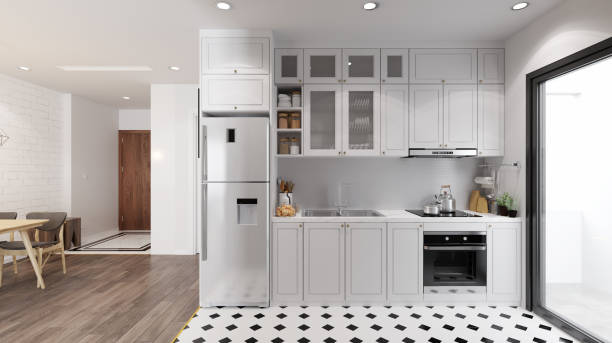 istock Modern Kitchen interior,with white cabinet, top table white marble. 3D illustration 1386185055