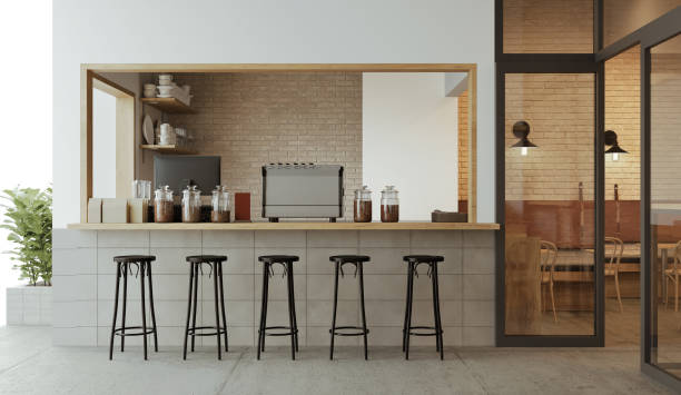 istock Coffee shop interior front order counter. 3D illustration 1386185056