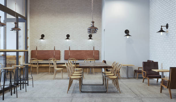 istock Interior of modern coffee cafe in loft style. 3D illustration 1386185060