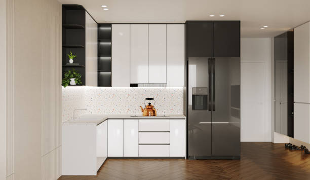 istock Modern Kitchen interior,with white cabinet, and gray shelf, refrigerator beside by . 3D illustration 1386185100