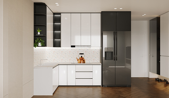 Modern Kitchen interior,with white cabinet, and gray shelf, refrigerator beside by . 3D illustration