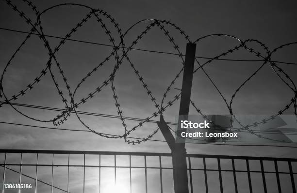 Barbed Wire Fence At The Border Stock Photo - Download Image Now - International Border Barrier, Black And White, Rivalry