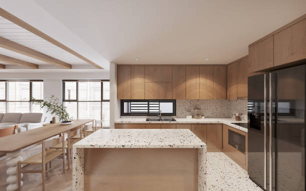 istock Contemporary kitchen interior with dining table and chairs.3D illustration 1386185294