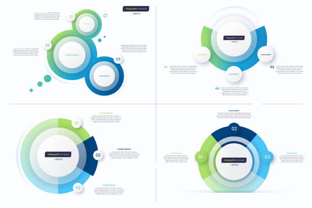 satz von drei optionalen kreis-infografik-designvorlagen. vektorillustration - drei gegenstände stock-grafiken, -clipart, -cartoons und -symbole