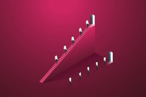 Inequality business opportunities and positions exist between business men and women on different career paths. isometric vector illustration.