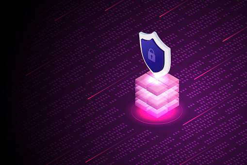 Online server protection Data Security on Blockchain Technology. isometric vector illustration.
