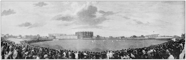 Antique black and white photograph of England and Wales: Cricket match at Kennington Oval Antique black and white photograph of England and Wales: Cricket match at Kennington Oval cricket team stock illustrations