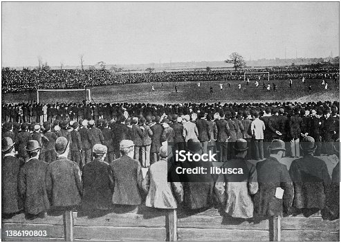 istock Antique black and white photograph of England and Wales: Football Match in Manchester 1386190803