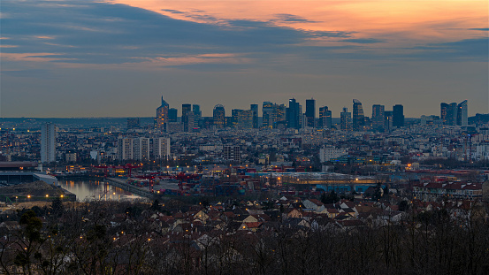 Timelapse - La Defense Skyline From Above at Twilight Sunset With Paris Suburbs. Find more images of LA DEFENSE on my profile.