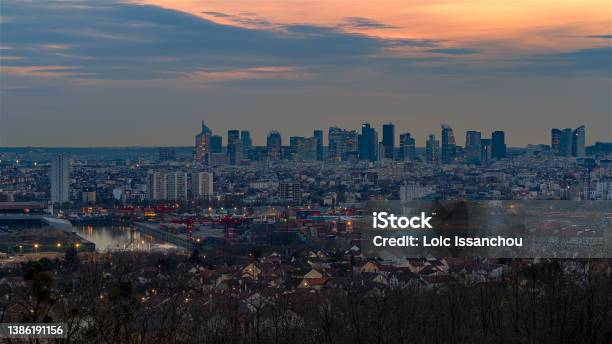 La Defense Skyline From Above At Twilight Sunset With Paris Suburbs Stock Photo - Download Image Now