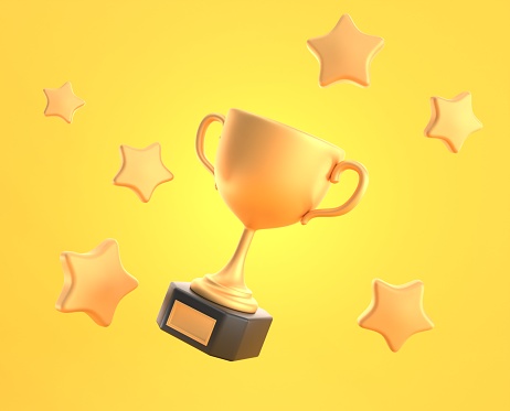 Golden cup with flying stars, trophy or winner prize on black pedestal, award first place. Champion goblet with gold bowl on yellow background. Achievement or sport victory, cartoon 3d illustration.