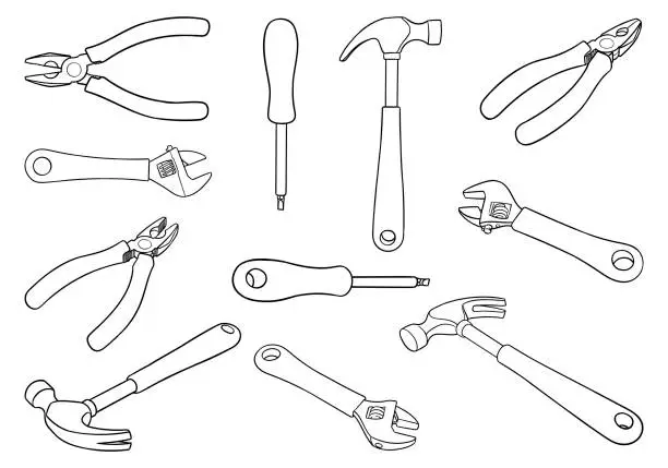 Vector illustration of Vector drawing of various tools. There is hammer, pliers, wrench and a screwdriver