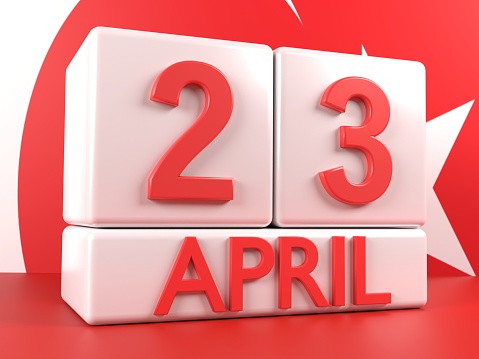 23 April calendar page on white background. 23 April International Children’s day concept. 3D render on Turkish flag background. Easy to crop for all your print sizes and social media needs.
