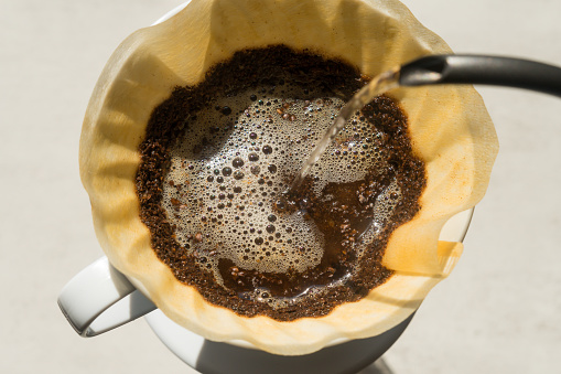 Closeup of pour over brewing coffee