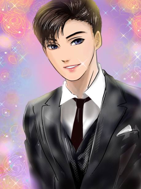 k-pop 스타일 쇼조 만화 일러스트 의 a 블랙
 헤어 잘 생긴 왕자는 황색 미소. - prince charming stock illustrations