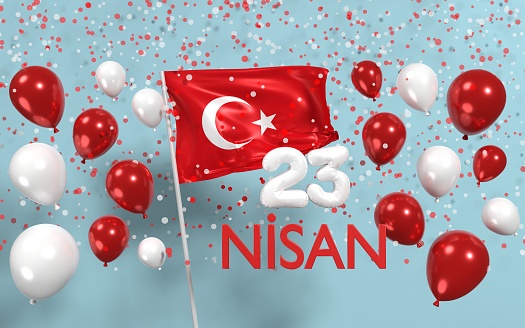 23 April International Children’s day banner on white with Turkish celebration message. Children’s Day concept. 3D render isolated on blue background. Easy to crop for all your print sizes and social media needs.